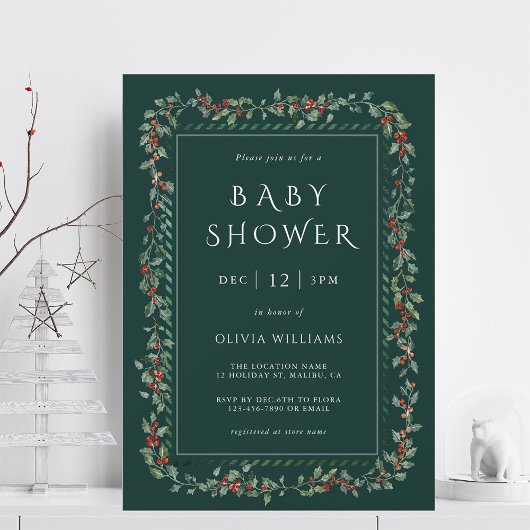 Watercolor Holly Berry Frame Boy Baby Shower Green 招待状