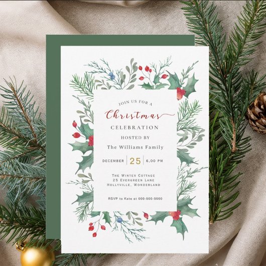 Watercolor  Holly Christmas Celebration Invitation 招待状