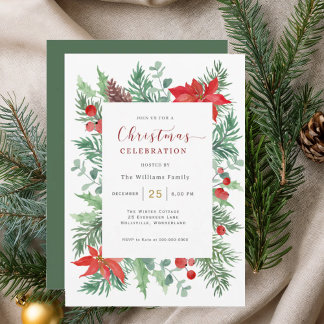 Watercolor  Holly Christmas Celebration Invitation 招待状