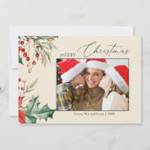 Watercolor Holly Family Photo Christmas シーズンカード (正面)