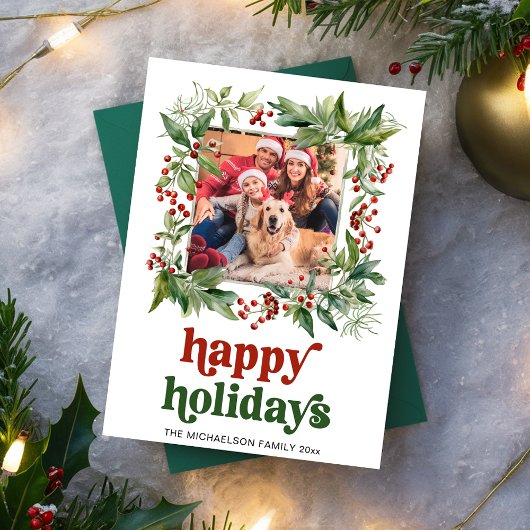 Watercolor Holly Frame Photo Christmas Happy シーズンカード