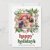 Watercolor Holly Frame Photo Christmas Happy シーズンカード (正面)