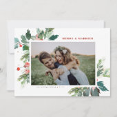 Watercolor Holly Greenery Photo Wedding Christmas シーズンカード (正面)