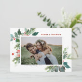 Watercolor Holly Greenery Photo Wedding Christmas シーズンカード (スタンド正面)
