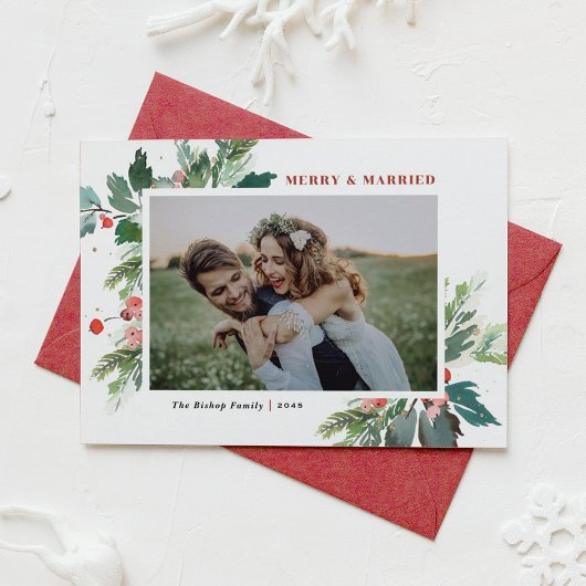 Watercolor Holly Greenery Photo Wedding Christmas シーズンカード