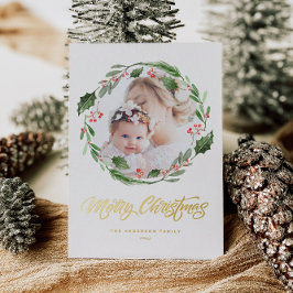 Watercolor Holly Greenery Wreath Photo Christmas 箔シーズンカード