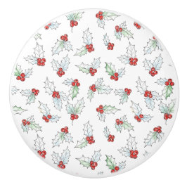 Watercolor Holly Leaves and Red Berries セラミックノブ