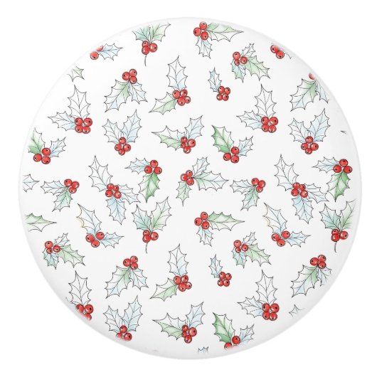 Watercolor Holly Leaves and Red Berries セラミックノブ (正面)