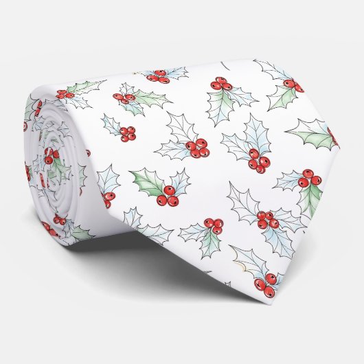 Watercolor Holly Leaves and Red Berries ネクタイ (ロール)