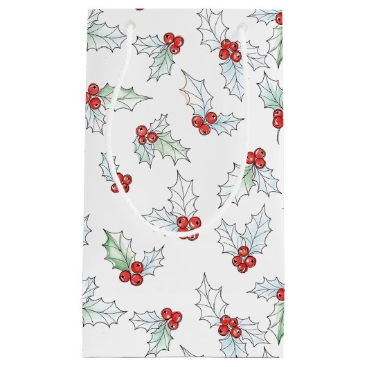 Watercolor Holly Leaves and Red Berries Christmas スモールペーパーバッグ (正面)