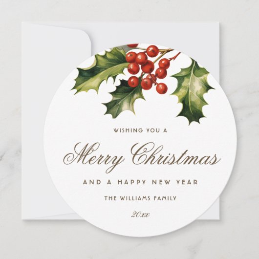 Watercolor Holly Red Berries Elegant シーズンカード (正面)