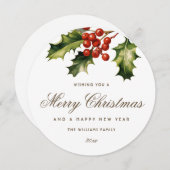 Watercolor Holly Red Berries Elegant シーズンカード (正面/裏面)
