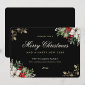 Watercolor Holly Red Berries White Poinsettia シーズンカード (正面/裏面)