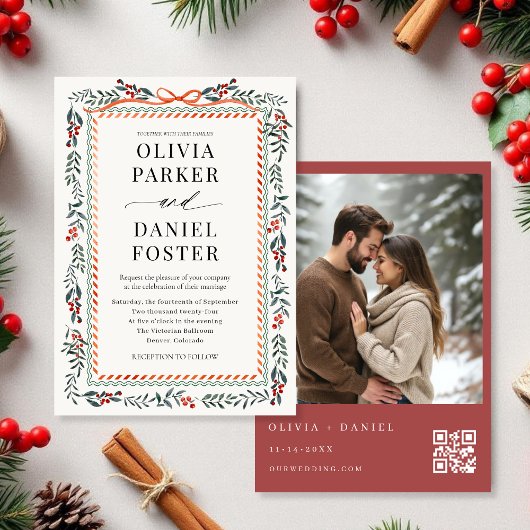 Watercolor Holly Red Bow Photo Christmas Wedding 招待状