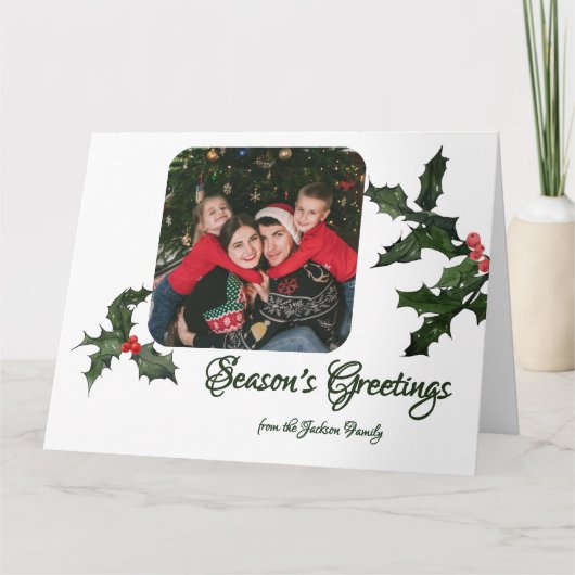 Watercolor Holly with Berries Photo Christmas カード (正面)