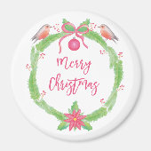 Watercolor Holly Wreath "Merry Christmas" マグネット (正面)