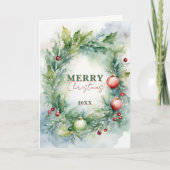 Watercolor Holly Wreath Merry Christmas Holiday カード (正面)