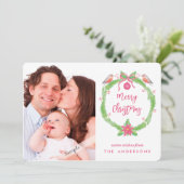 Watercolor Holly Wreath "Merry Christmas + Phot シーズンカード (スタンド正面)