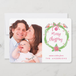 Watercolor Holly Wreath "Merry Christmas + Phot シーズンカード