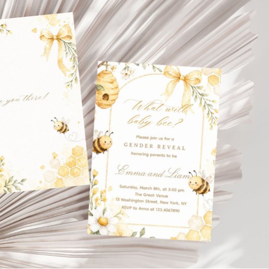 Watercolor Honey Bee Floral Neutral Gender Reveal 招待状