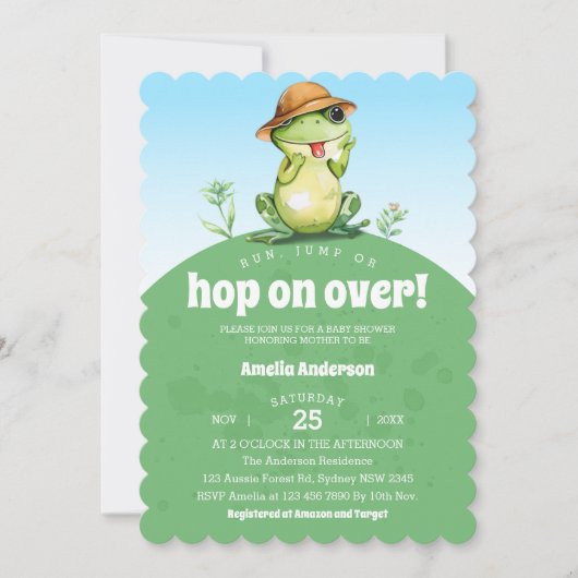 Watercolor Hop On Over Cute Frog Baby Shower 招待状 (正面)