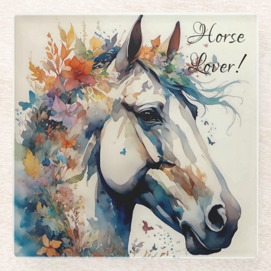 Watercolor Horse Lover Painting Glass Coaster ガラスコースター (正面)
