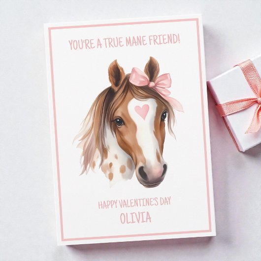 Watercolor Horse Pink Bow Cute Kids Valentine シーズンカード