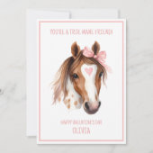 Watercolor Horse Pink Bow Cute Kids Valentine シーズンカード (正面)