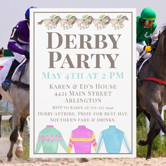 Watercolor Horse Racing Silks Derby Party Design 招待状