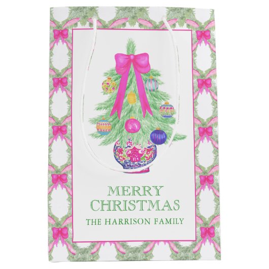 Watercolor Hot Pink Bow Ginger Jar Christmas ミディアムペーパーバッグ (正面)