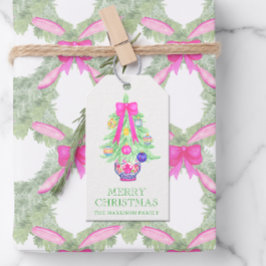 Watercolor Hot Pink Bow Ginger Jar Christmas Gift ギフトタグ