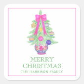 Watercolor Hot Pink Bow Ginger Jar Christmas Gift スクエアシール (正面)