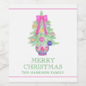 Watercolor Hot Pink Bow Ginger Jar Christmas Gift ワインラベル (シングルラベル)