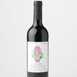 Watercolor Hot Pink Bow Ginger Jar Christmas Gift ワインラベル