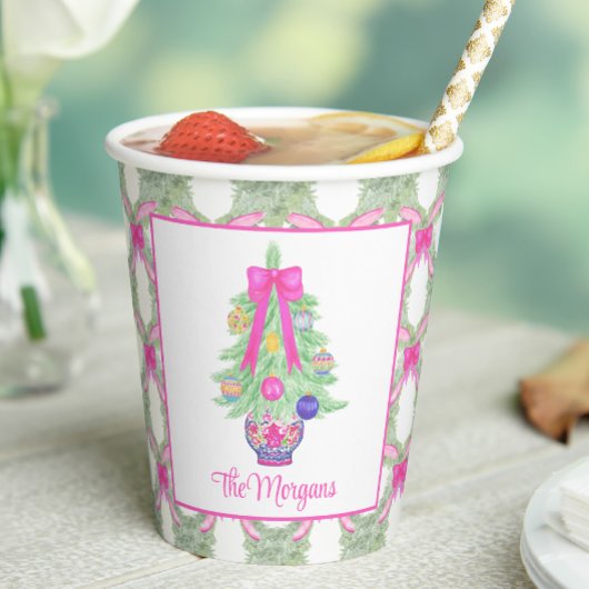 Watercolor Hot Pink Bow Ginger Jar Christmas Tree 紙コップ