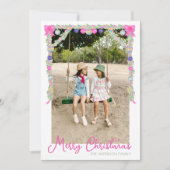 Watercolor Hot Pink Bows Garland Christmas Photo シーズンカード (正面)