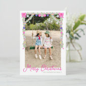 Watercolor Hot Pink Bows Garland Christmas Photo シーズンカード (スタンド正面)
