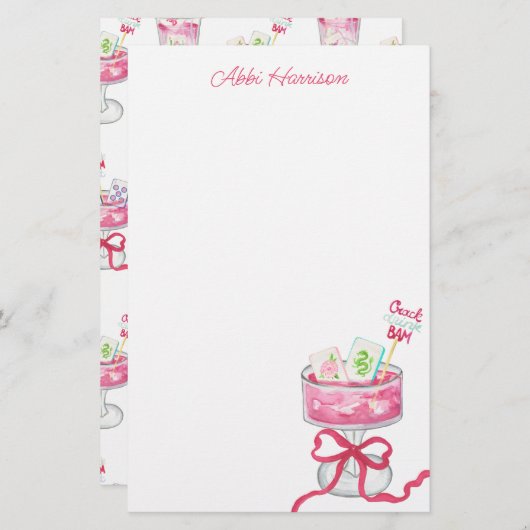 Watercolor Hot Pink Mahjong Cocktails 便箋 (正面/裏面)