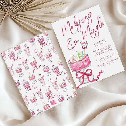 Watercolor Hot Pink Mahjong Cocktails Party 招待状