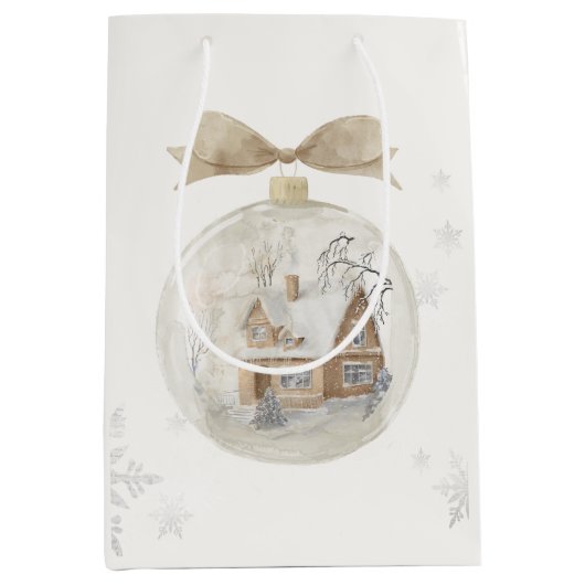 Watercolor House in Snow Globe Christmas ミディアムペーパーバッグ (正面)