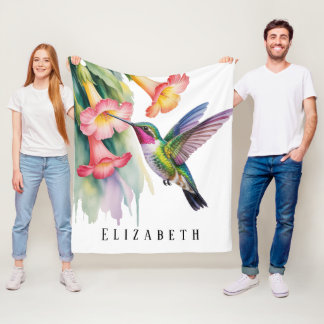 Watercolor Hummingbird with Florals フリースブランケット