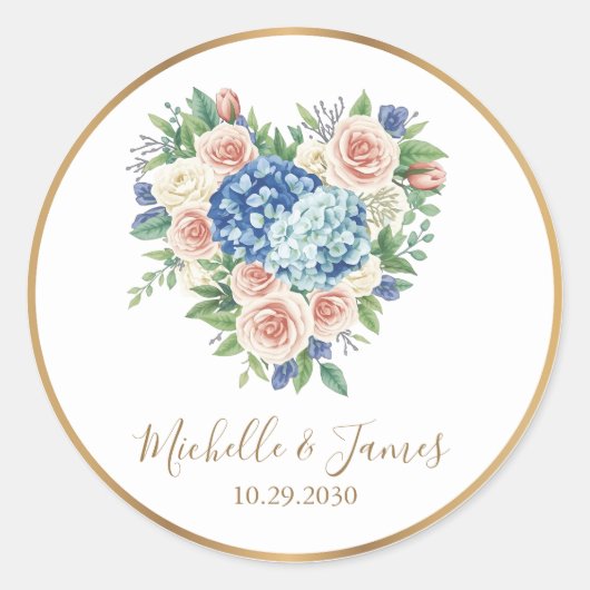 watercolor Hydrangea Rose Floral Wedding Gold ラウンドシール (正面)