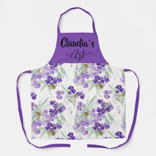 Watercolor Hydrangeas petals Art with name エプロン (正面)