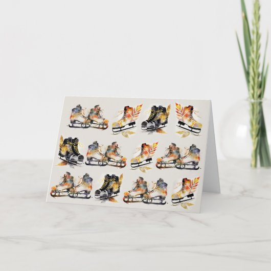 Watercolor Ice Skates with Autumn Leaves Pattern   カード (正面)