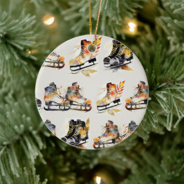 Watercolor Ice Skates with Autumn Leaves Pattern   セラミックオーナメント