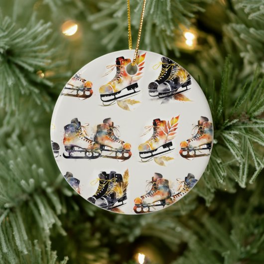 Watercolor Ice Skates with Autumn Leaves Pattern   セラミックオーナメント (ツリー)