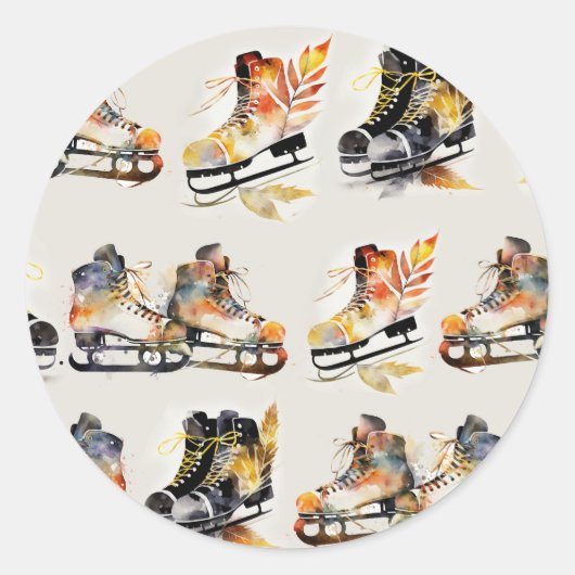 Watercolor Ice Skates with Autumn Leaves Pattern   ラウンドシール (正面)