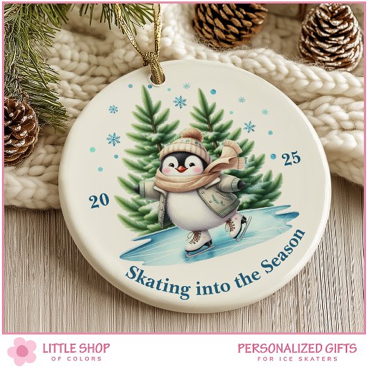 Watercolor Ice Skating Penguin Personalized セラミックオーナメント