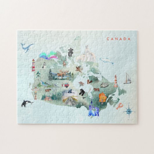 Watercolor Illustrated Map of Canada Art ジグソーパズル (横)