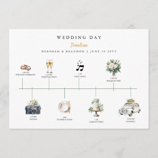 Watercolor Illustrated Wedding day Timeline  プログラム (正面)